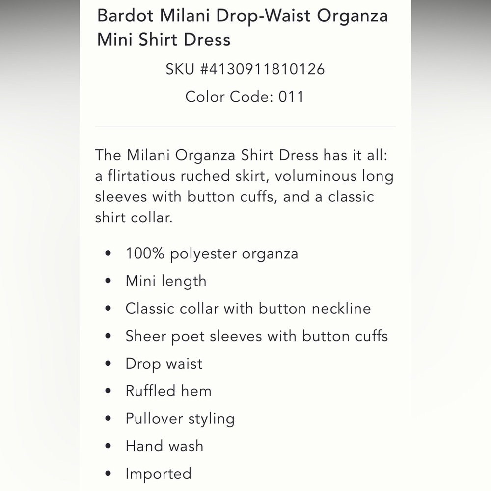 Anthropologie NWT Bardot Milani Drop-Waist Organza Mini Shirt Dress size 6. - Picture 6 of 12